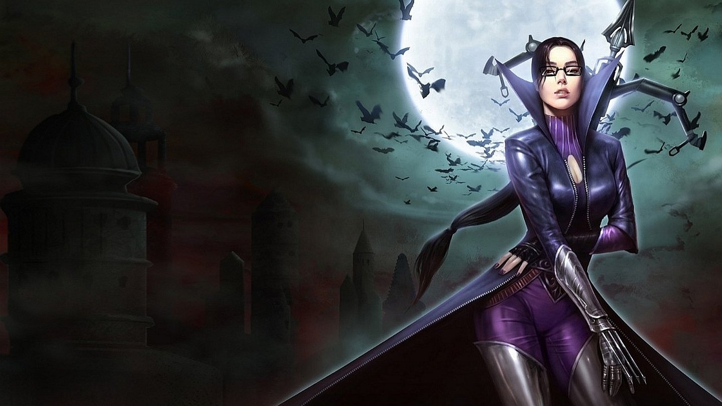 Vayne from League of Legends stands poised with crossbow in hand against a dark, eerie backdrop with bats flying overhead in this video game artwork.