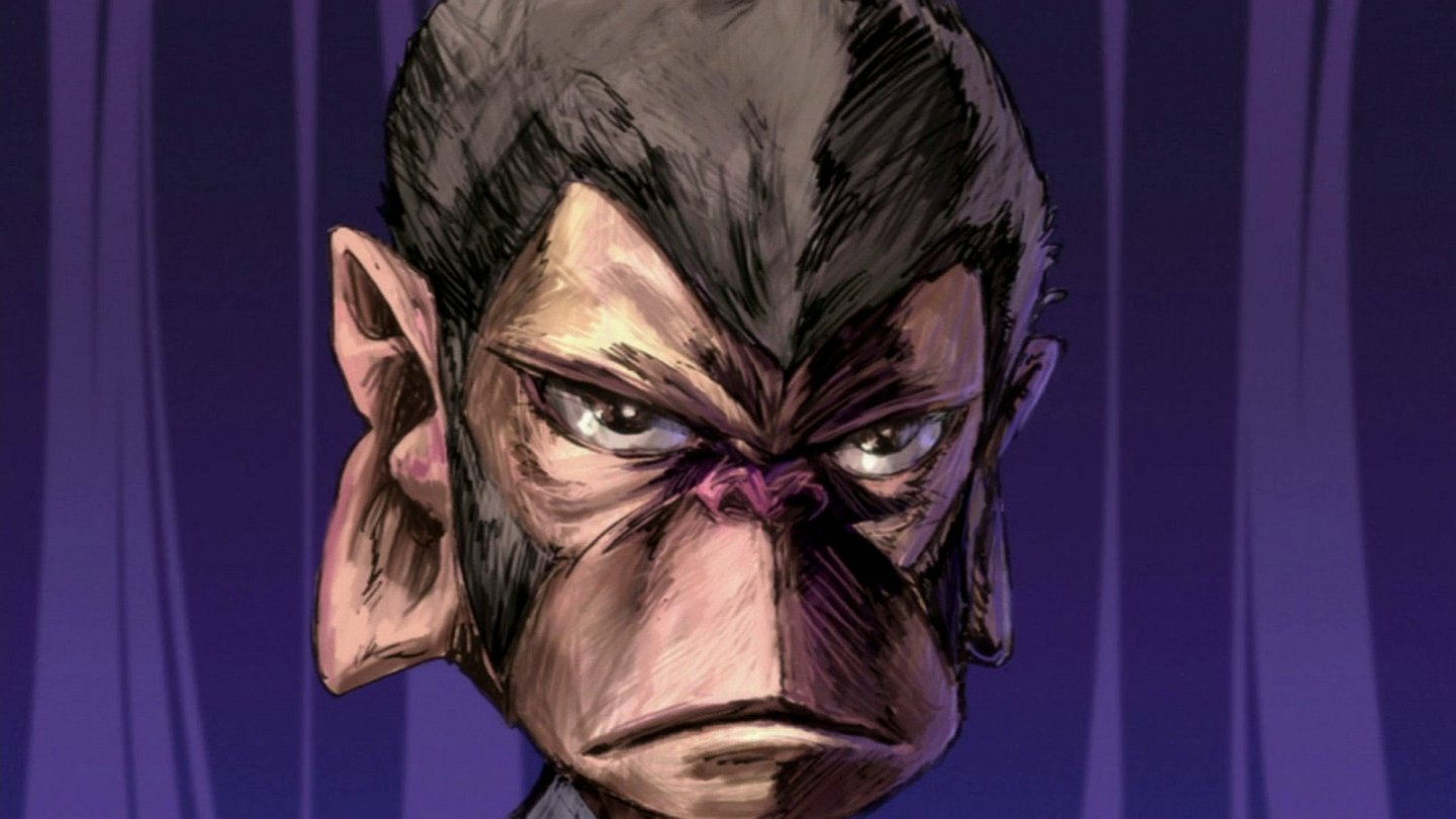 Close-up anime portrait of a stern, monkey-like character from Panty & Stocking with Garterbelt, set against deep purple vertical drapes.