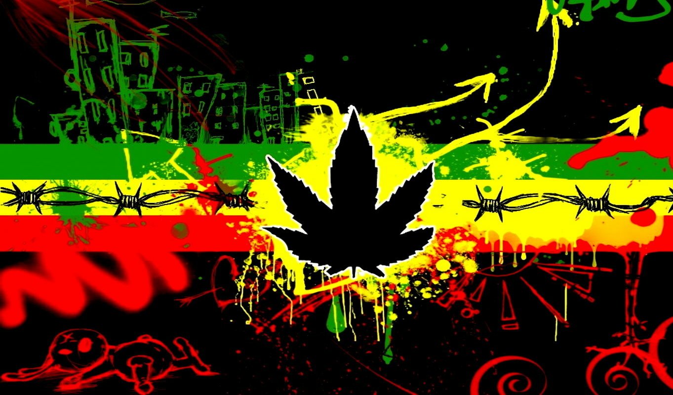A vibrant graphic blending reggae colors of green, yellow, and red with a central black leaf design, capturing the essence of reggae culture and music in a lively urban setting.
