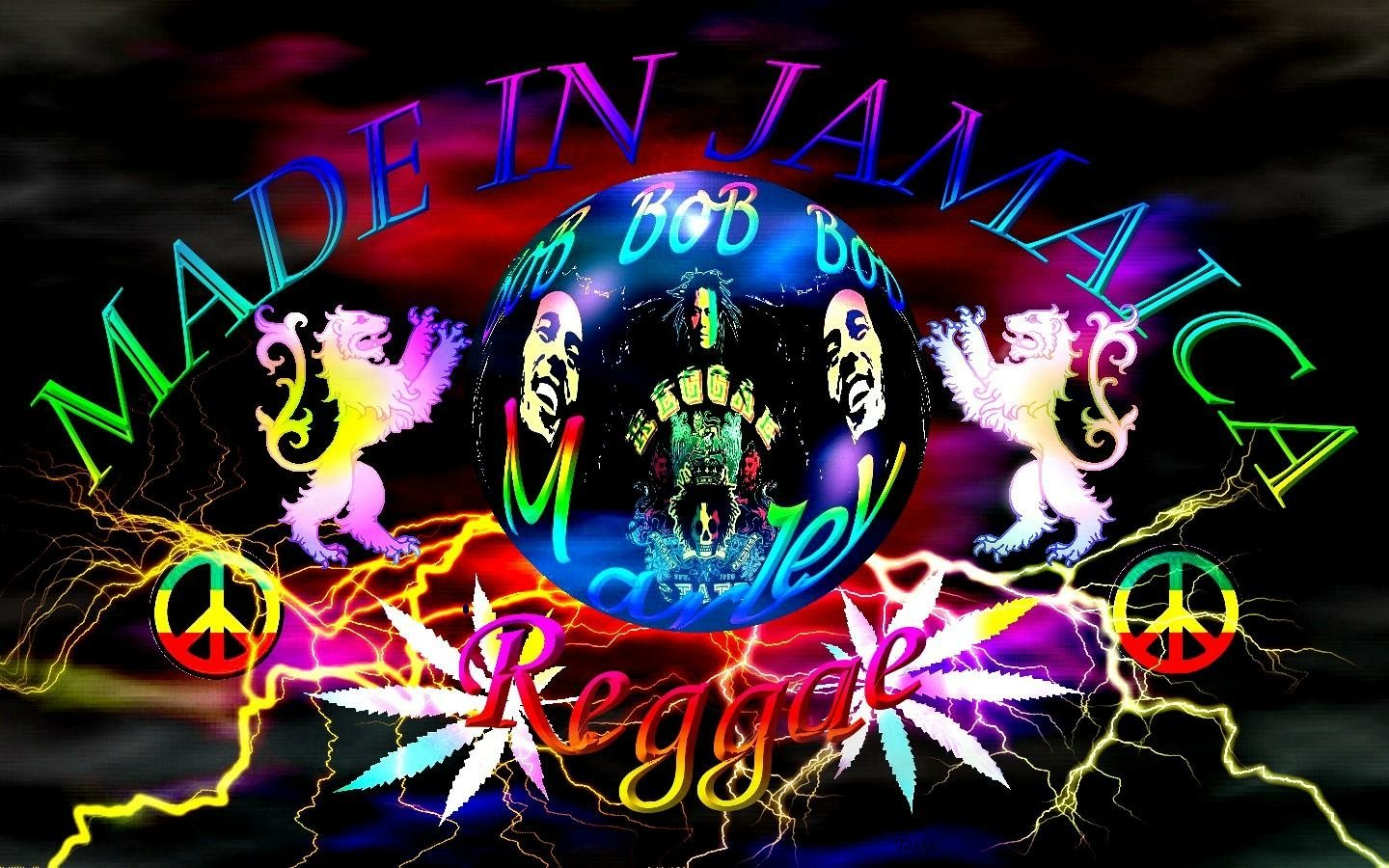 A vibrant design featuring the text Made in Jamaica and Reggae, alongside colorful imagery of lions, peace symbols, and marijuana leaves, celebrating reggae music culture.