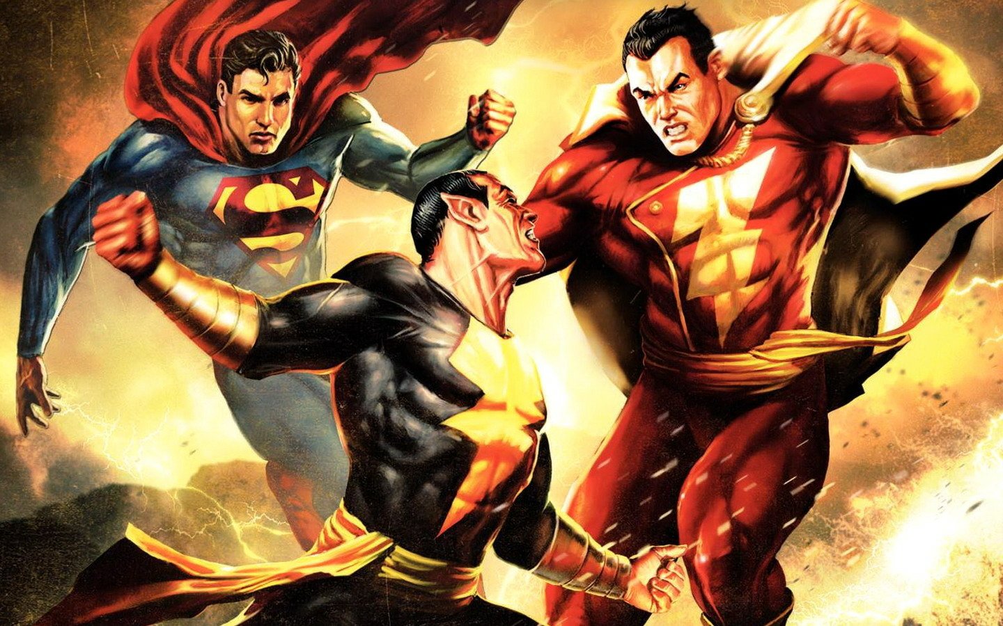 Superman and Shazam face off fiercely in an intense comic scene from Superman/Shazam! The Return of Black Adam, featuring dynamic action and powerful energy.