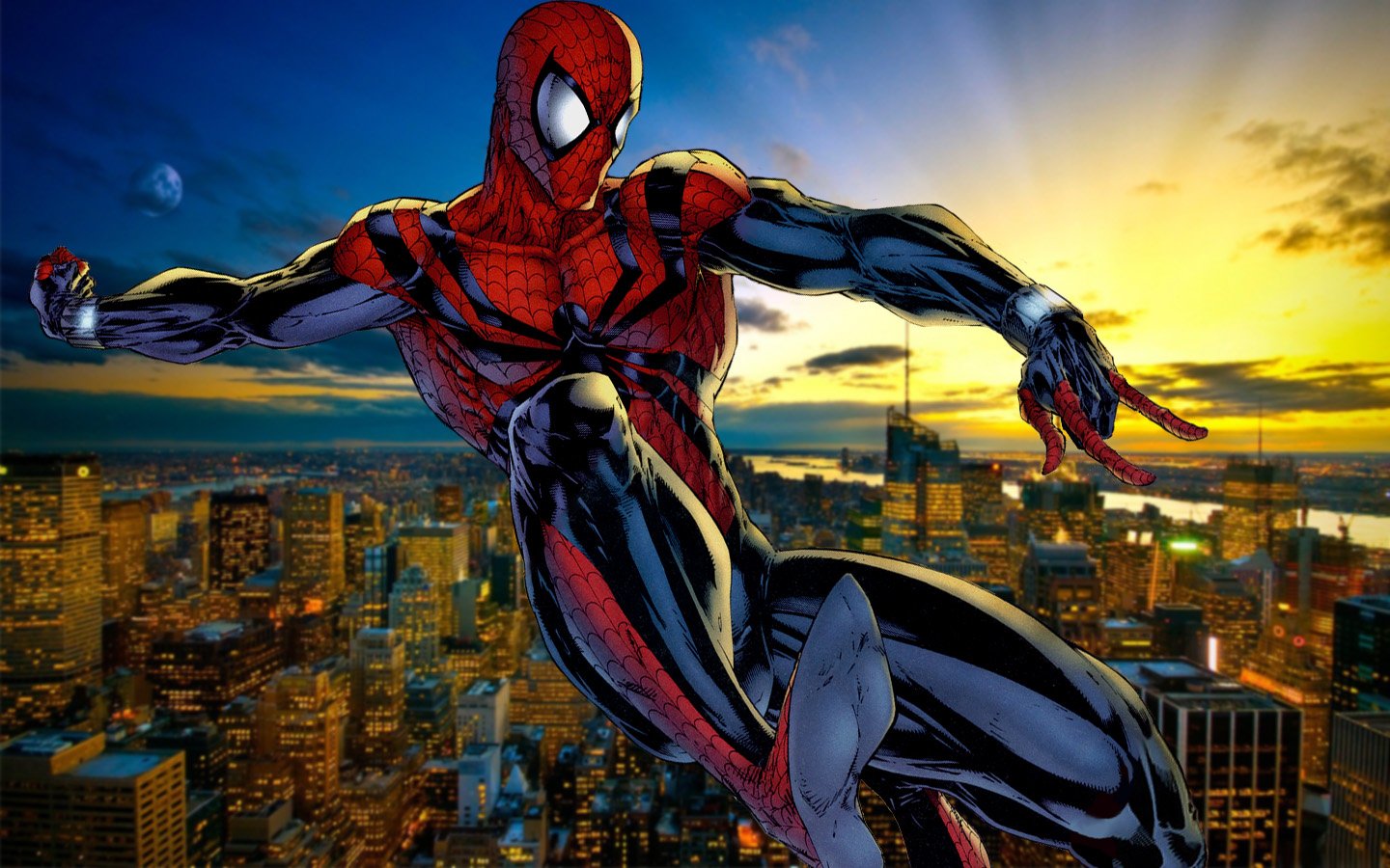 A dynamic comic-style illustration of Spider-Man soaring above a cityscape at sunset, showcasing his iconic red and blue suit against a vibrant backdrop.