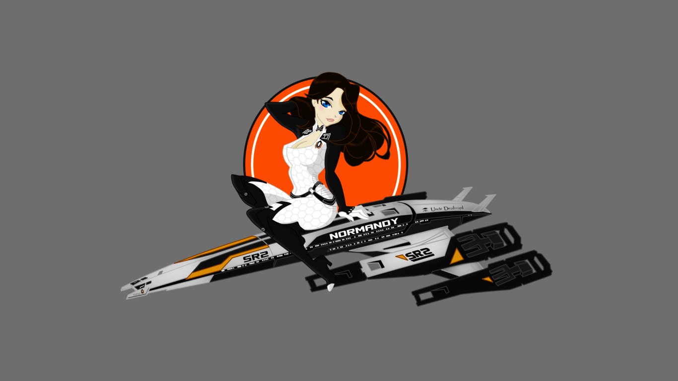 Illustration of Miranda Lawson from Mass Effect sitting on the Normandy SR-2 spaceship against an orange circular background.