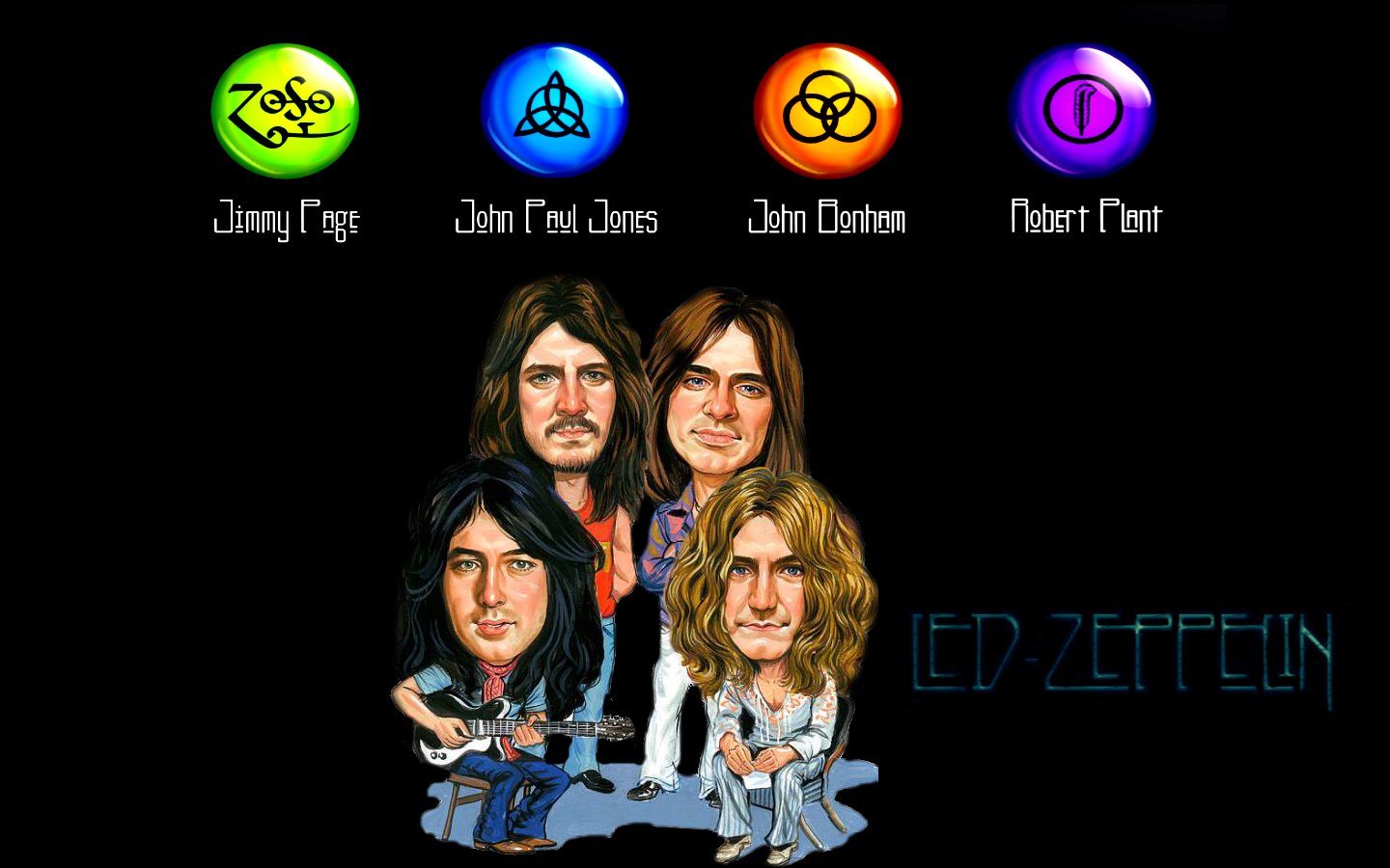 A colorful illustration of the iconic rock band Led Zeppelin, featuring caricatures of the members: Jimmy Page, John Paul Jones, John Bonham, and Robert Plant.