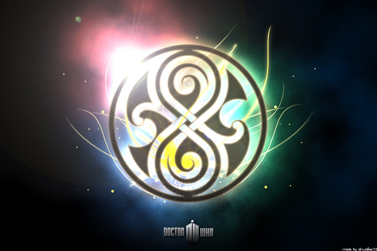 A stylized design featuring the swirling emblem associated with the Doctor from the TV show Doctor Who (2005), set against a vibrant cosmic background.