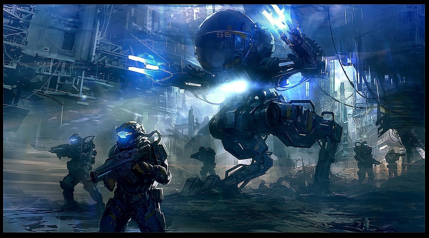 A futuristic scene features a sci-fi warrior in protective gear, standing ready for battle alongside a massive robotic creature in a high-tech urban environment.