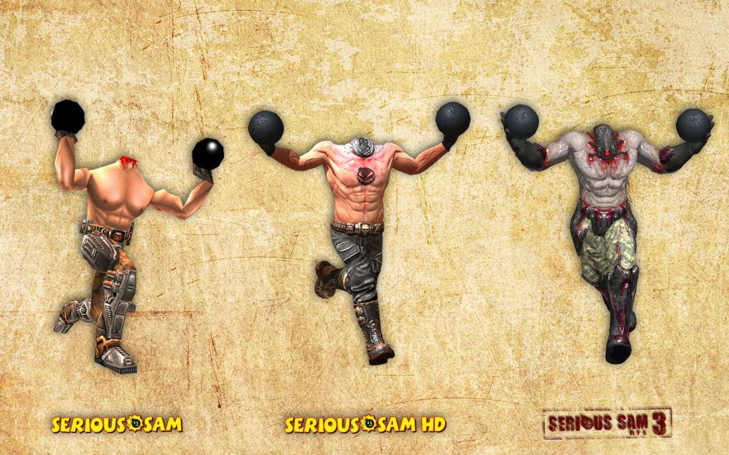 Three character models from the video game Serious Sam, showcasing different designs: Serious Sam, Serious Sam HD, and Serious Sam 3, all holding large weapons.