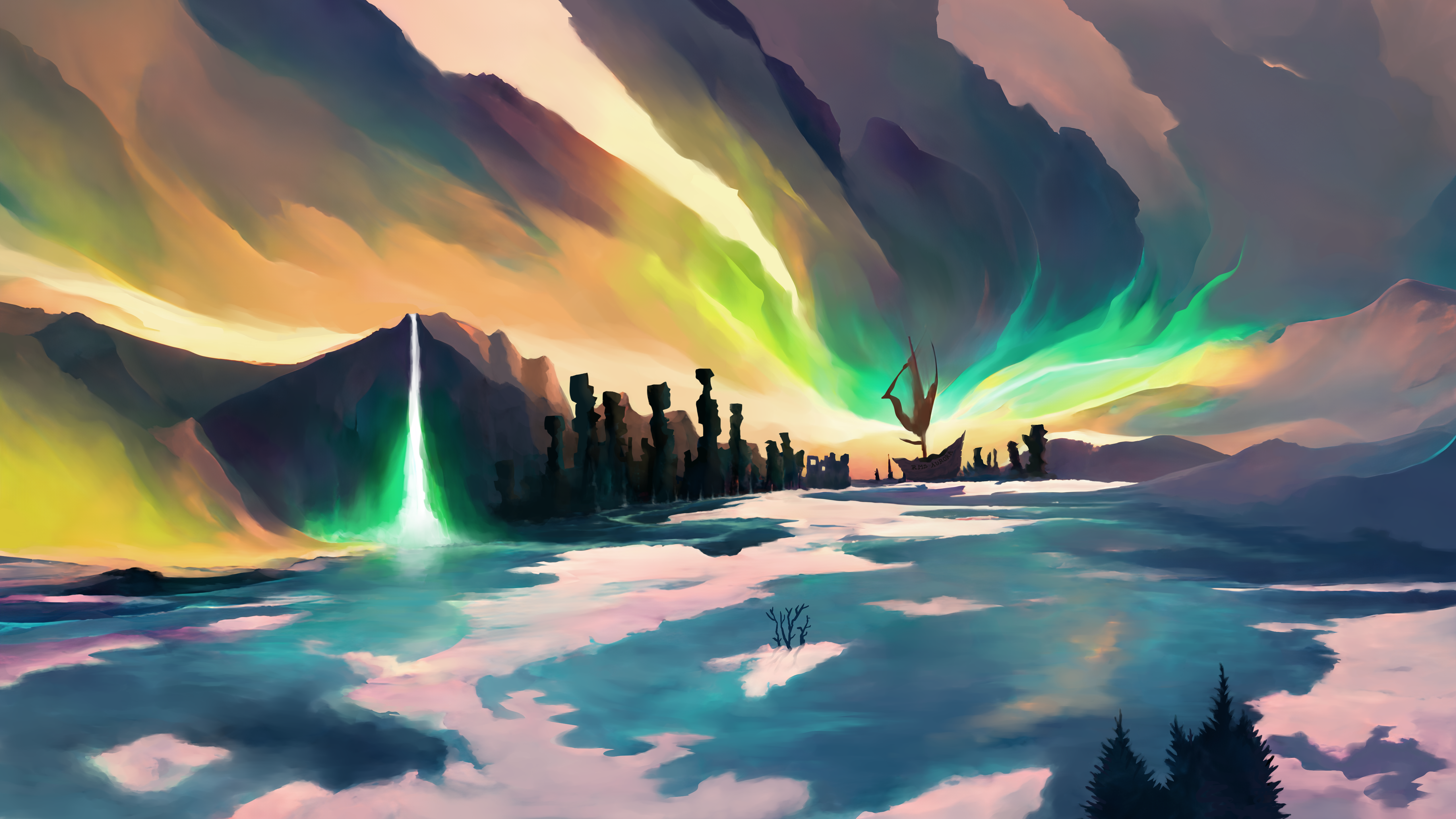 Digital painting of an aurora borealis above a shipwreck in a frozen land by dpcdpc11