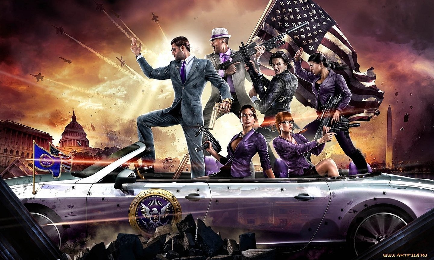 A dynamic scene from the video game Saints Row IV, featuring a group of characters in stylish outfits, striking poses on a flashy car against a dramatic backdrop.