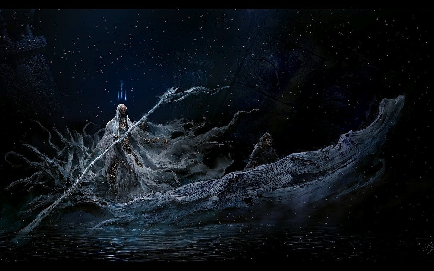 A mystical fantasy warrior stands on a ghostly vessel, wielding a staff, surrounded by dark waters and ethereal wisps under a starry sky.