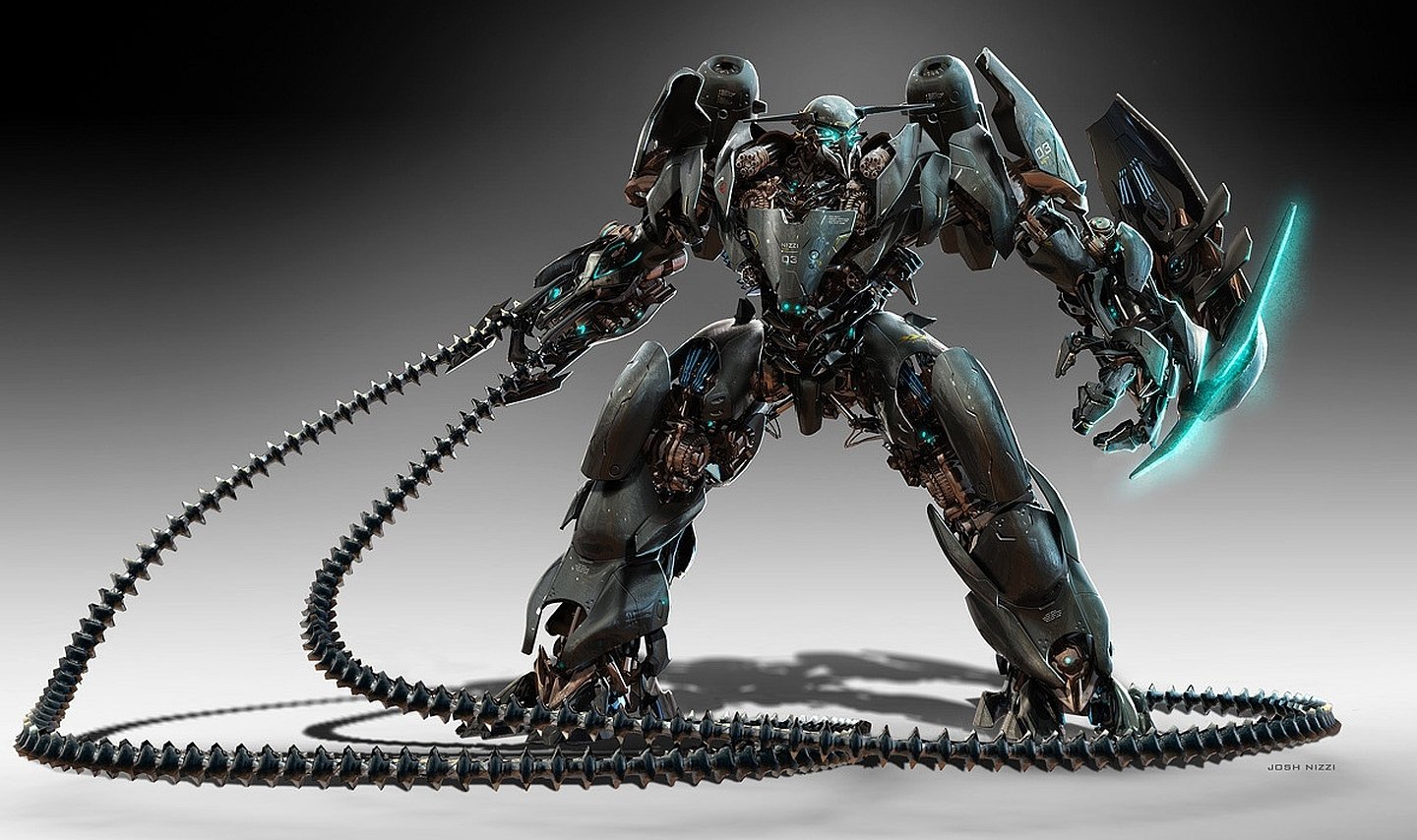 A futuristic sci-fi robot stands ready for battle, wielding a glowing energy blade and a long, flexible whip-like weapon against a gradient gray background.