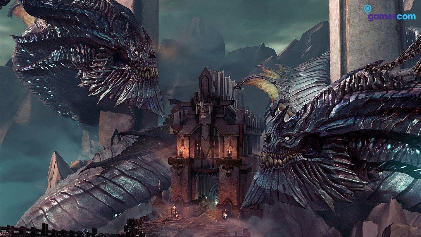 Darksiders II video game scene: a massive multi‑headed serpent encircles a ruined, torch‑lit fortress under stormy skies, jagged scales and glowing eyes looming over the citadel.