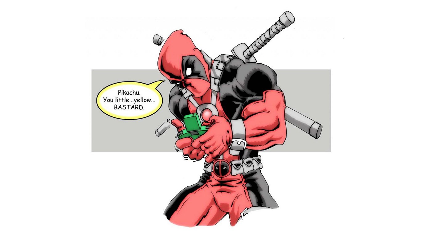 Deadpool, the Merc with a Mouth, holds a green object, humorously berating Pikachu with the caption, You little yellow BASTARD! in this vibrant comic depiction.