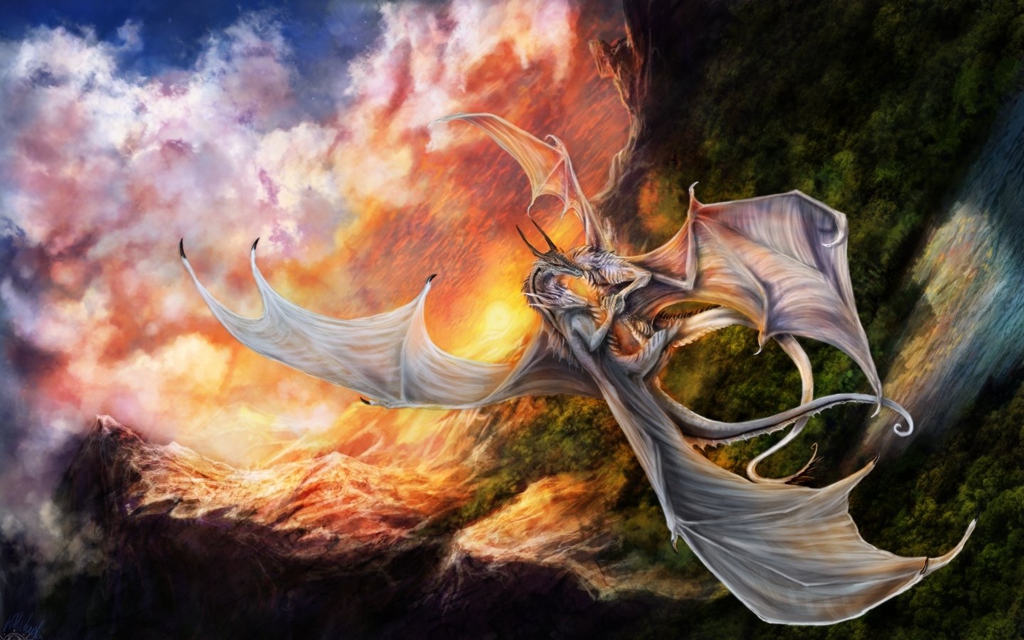 A majestic fantasy dragon soars through a fiery, dramatic sky above rugged mountains and lush forests.