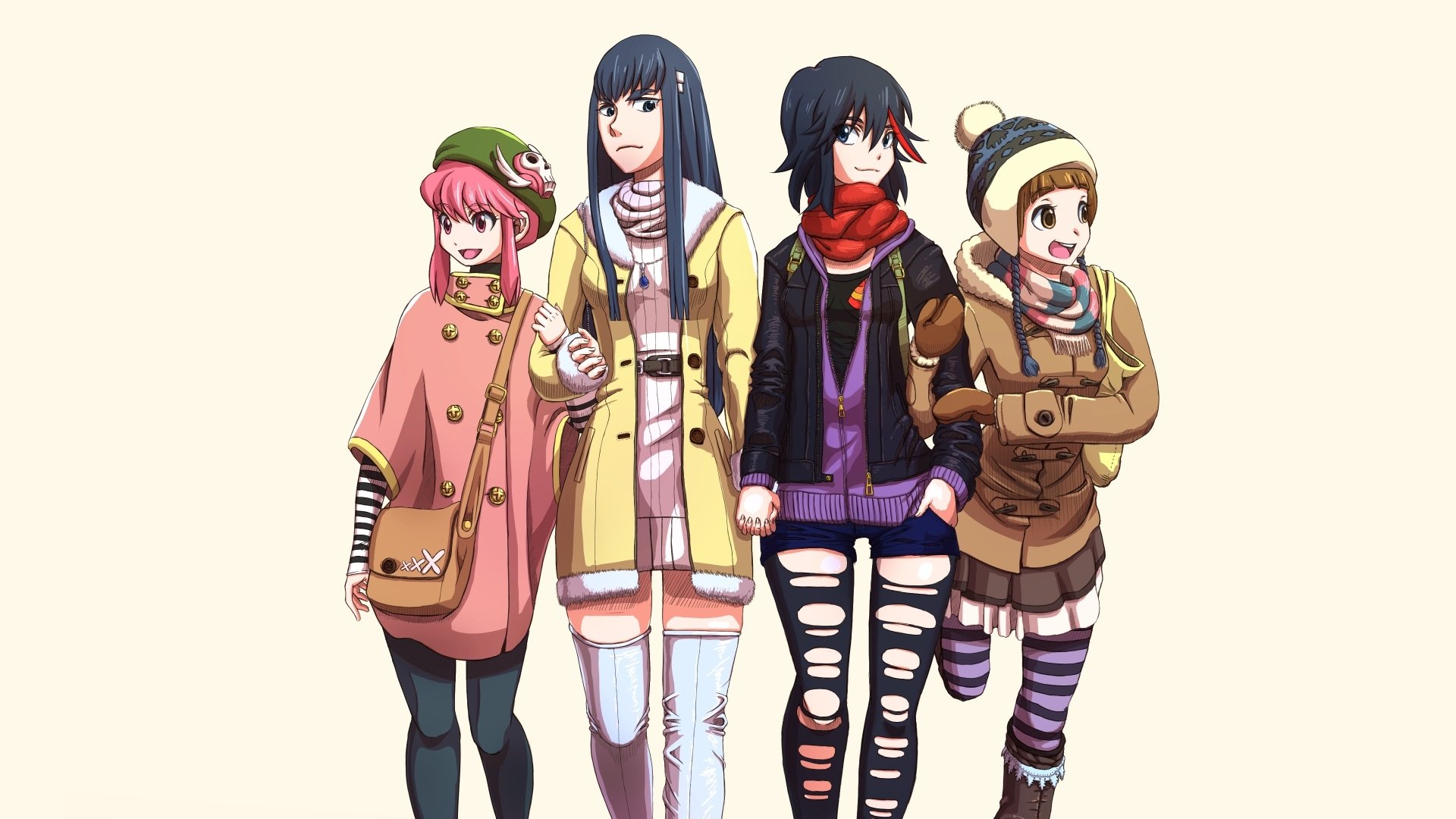 Mako Mankanshoku, Satsuki Kiryūin, Nonon Jakuzure, and Ryūko Matoi from the anime Kill La Kill walk together in casual winter attire.
