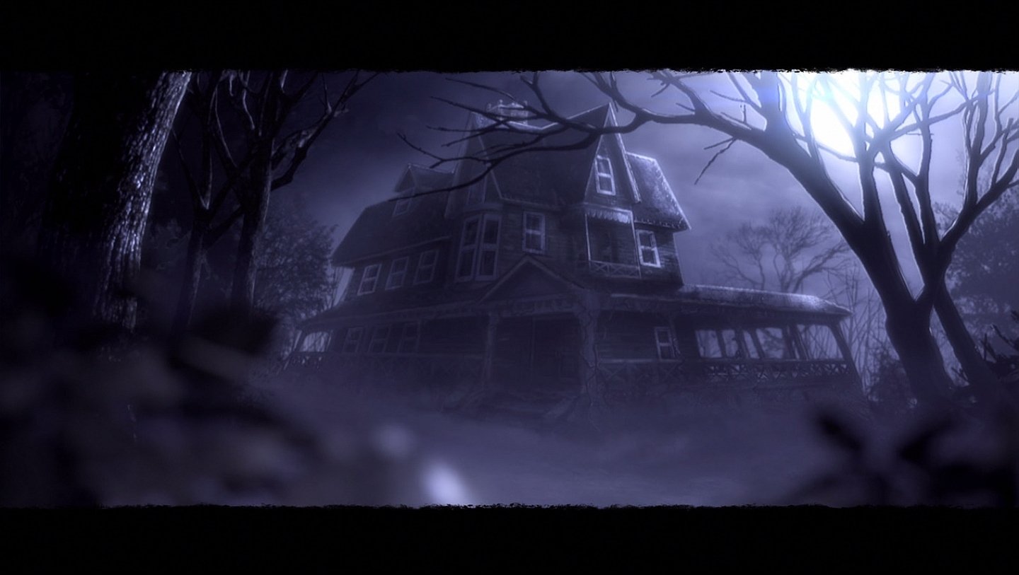 Gloomy Victorian mansion shrouded in fog and moonlight, dead trees framing the porch — cinematic horror scene from the video game F.E.A.R. 3.