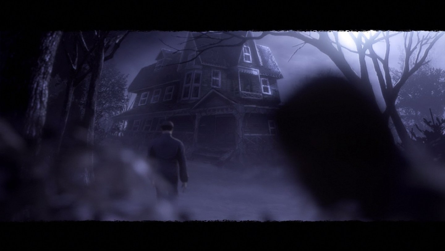 F.E.A.R. 3 scene: fog-shrouded Victorian house at night, lone figure approaching and a blurred ghostly child in the foreground.