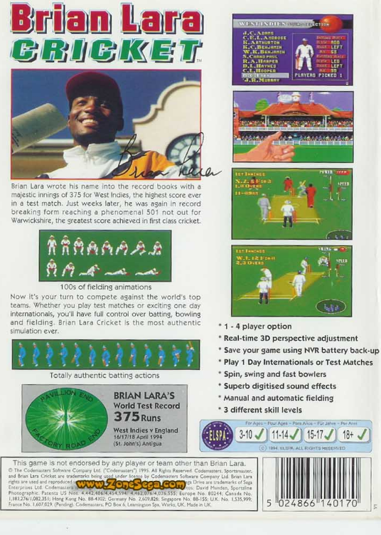video game Brian Lara Cricket Image