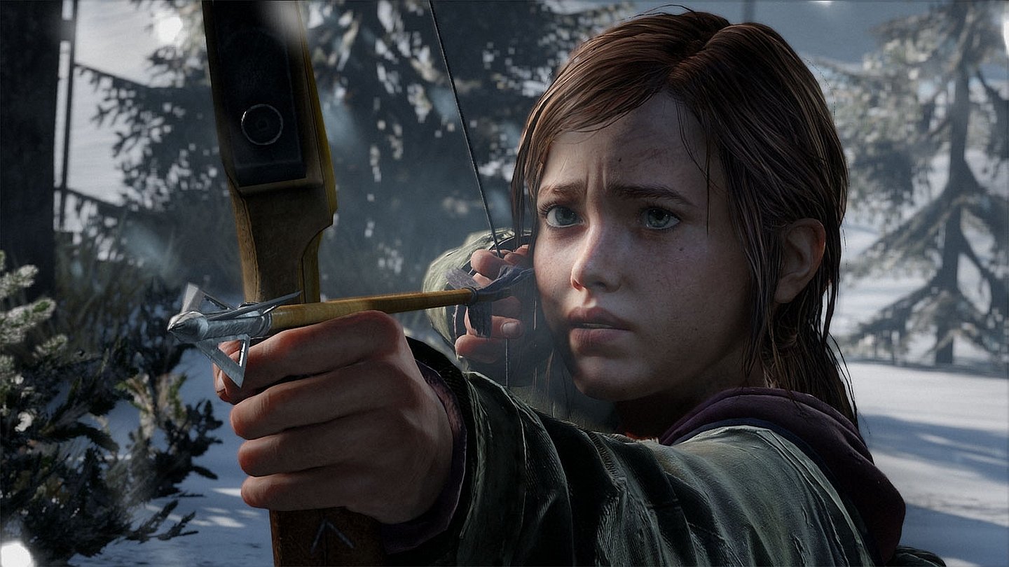 A character from the video game The Last Of Us aims a bow and arrow, focused and determined, set against a snowy forest backdrop.