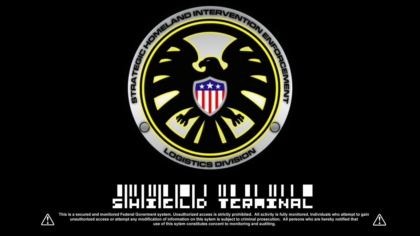 A S.H.I.E.L.D. logo prominently features the eagle emblem, with a warning about unauthorized access beneath it, all set against a black background.