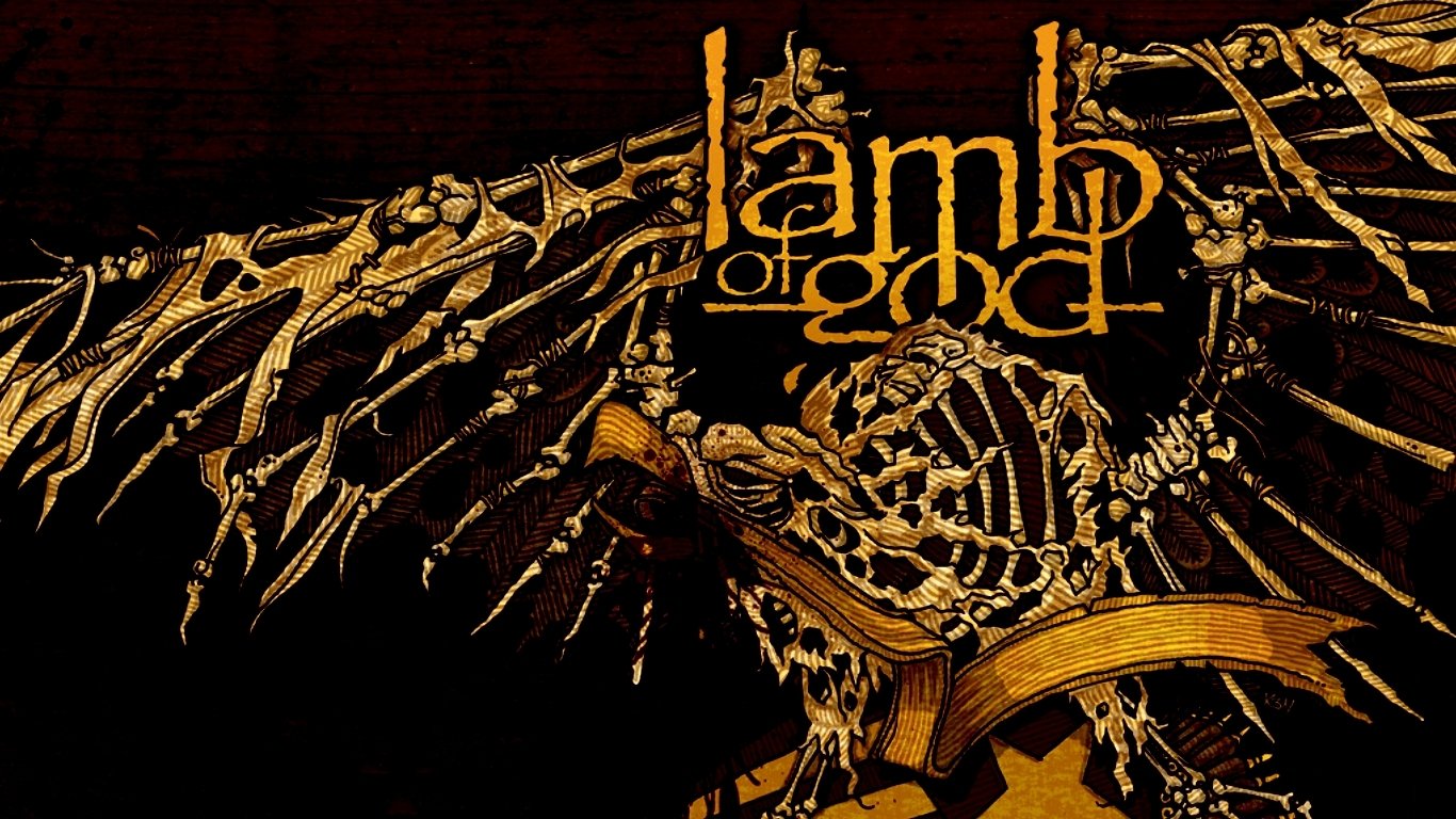 An artistic depiction featuring the band name Lamb Of God in a bold font, intertwined with skeletal imagery and dark, textured backgrounds, evoking the intensity of their music.