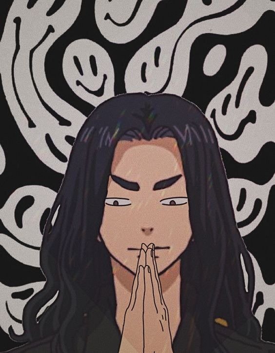 Anime-style illustration of a Tokyo Revengers character with long black hair, hands clasped in front, set against a black and white abstract background with smiling faces.