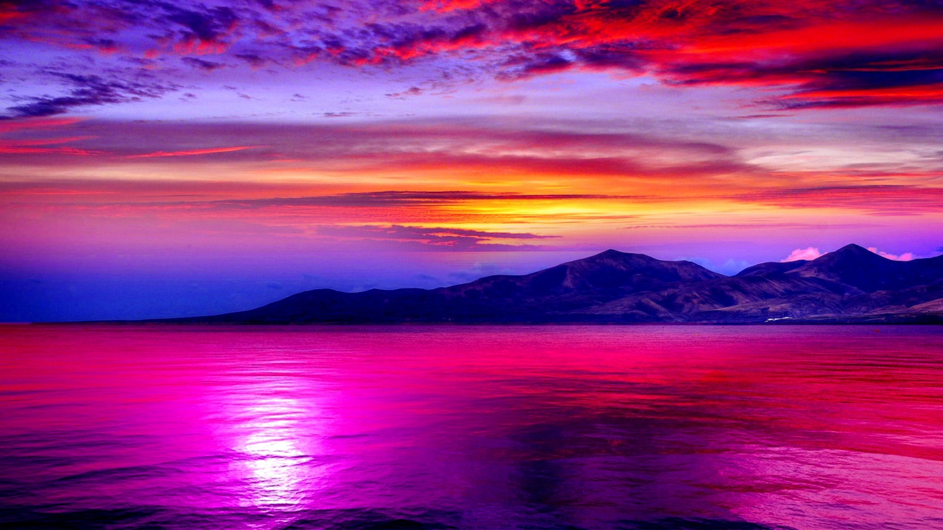 Неоновый закат. Сиреневый закат. Озеро фиолетовый закат. Обои на рабочий стол закат.