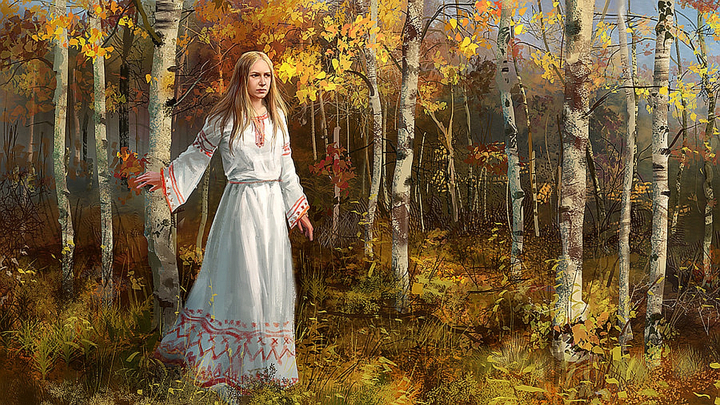 Картина девушка в лесу