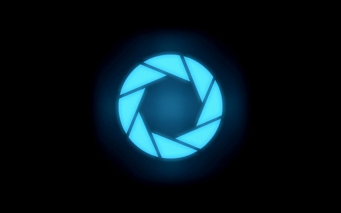 Glowing blue Aperture Science emblem from the Portal video game against a black background.