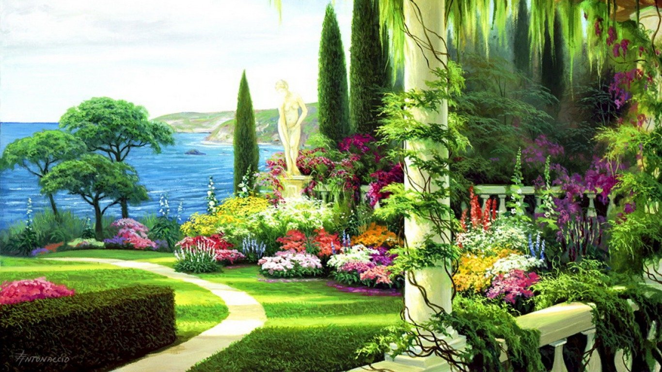 A vibrant artistic painting of a lush garden by the sea, featuring colorful flowers, manicured hedges, and a statue amidst tall trees and greenery under a bright sky.