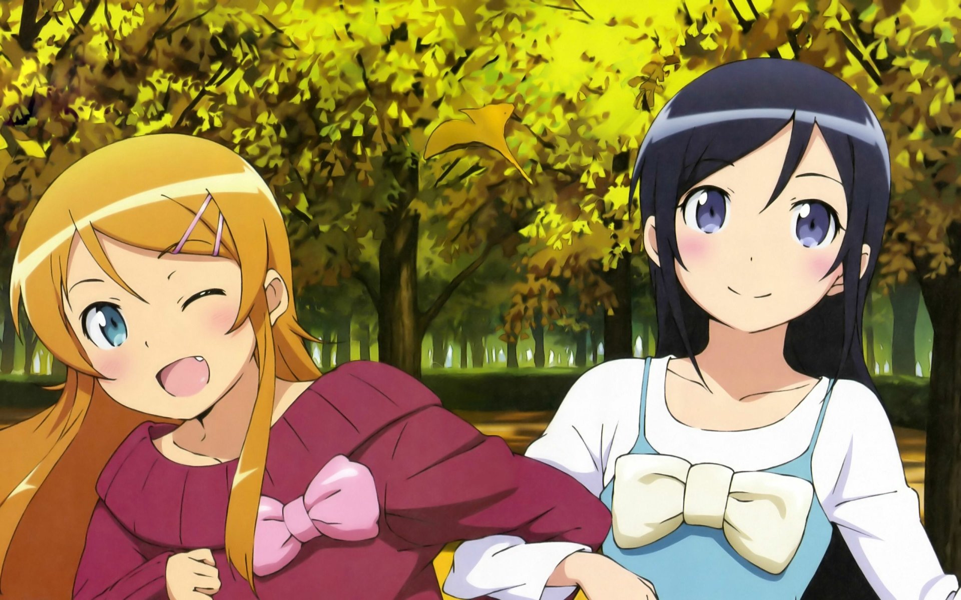 Ayase Aragaki and Kirino Kousaka from the anime Oreimo enjoy a playful moment in a sunlit park with autumn foliage.