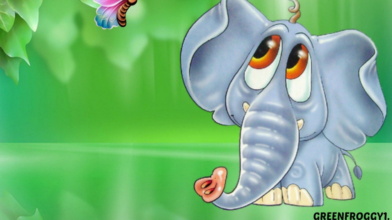 A whimsical artistic illustration of a cute elephant looking up at a colorful butterfly against a soft green background.
