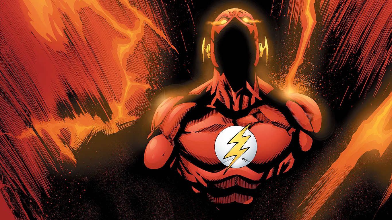 A powerful comic depiction of The Flash, showcasing his iconic red costume and lightning emblem, set against a fiery orange background. Energy radiates around him, emphasizing his speed.
