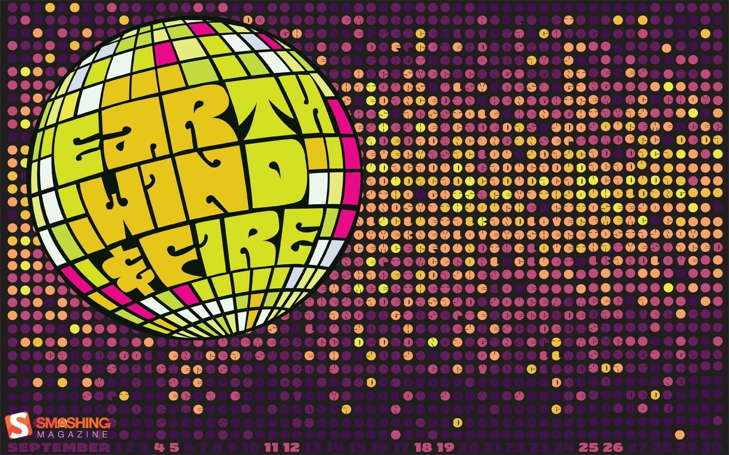 Yellow-green disco-ball logo reading Earth Wind & Fire on a purple dotted disco background, referencing retro music and dance vibes.