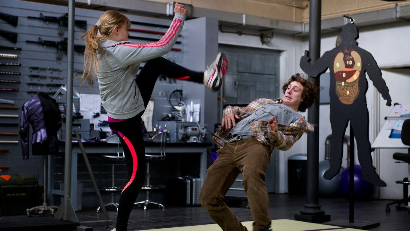 A scene from the movie Kick-Ass 2 shows a young woman delivering a high kick to a young man in a gym setting.