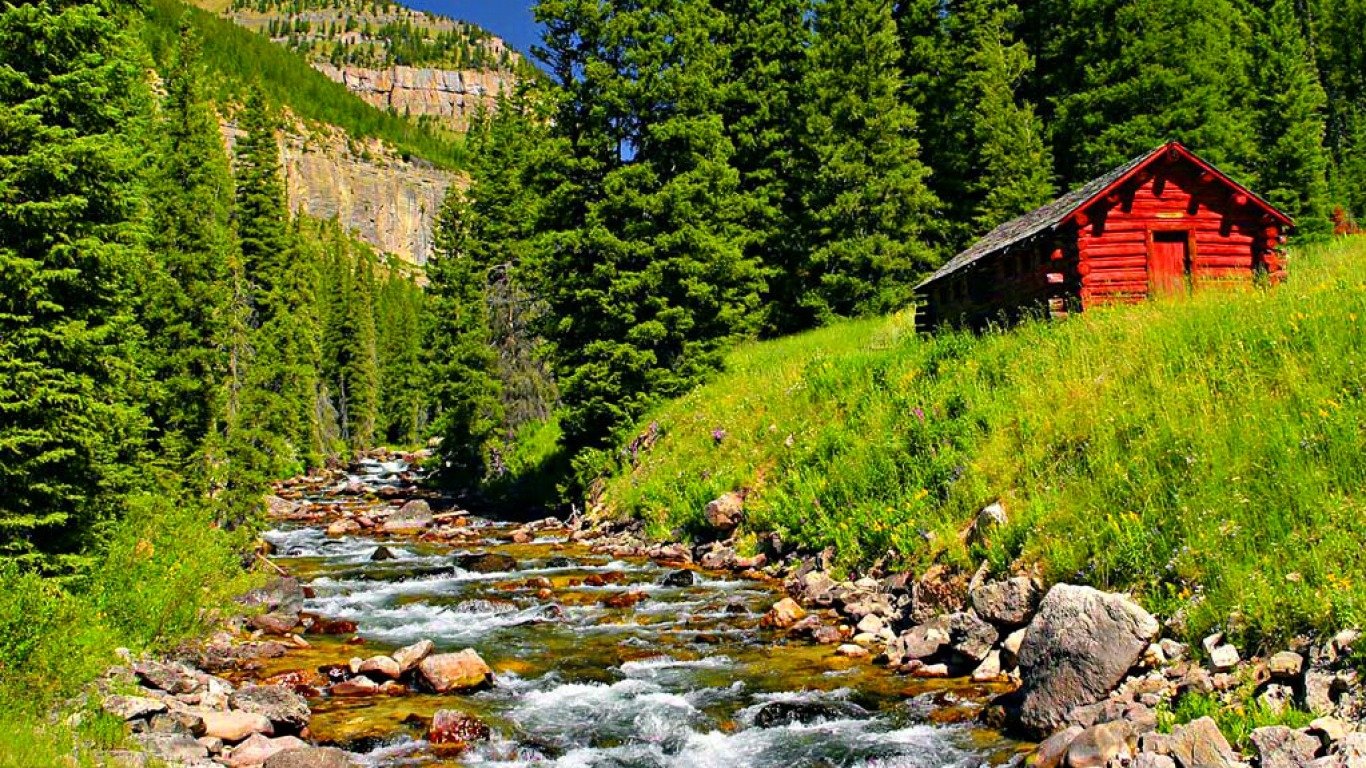 A vibrant creek flows through a wooded area beside a red man-made cabin, with lush green grass and tall pine trees under a clear blue sky.