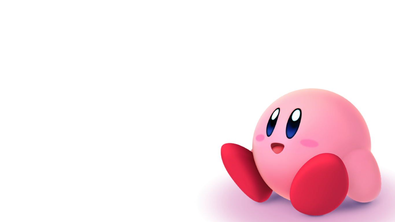 Pink Kirby from Super Smash Bros. for Nintendo 3DS and Wii U sits on a white background, smiling and looking up.
