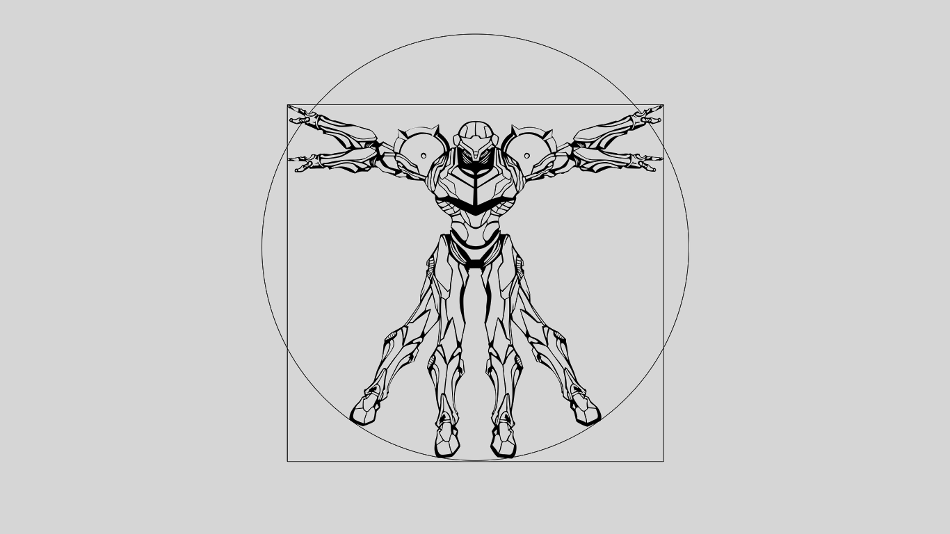 Black and white sketch of Samus Aran from Metroid, posed like Leonardo da Vinci’s Vitruvian Man, combining video game and classical art elements.