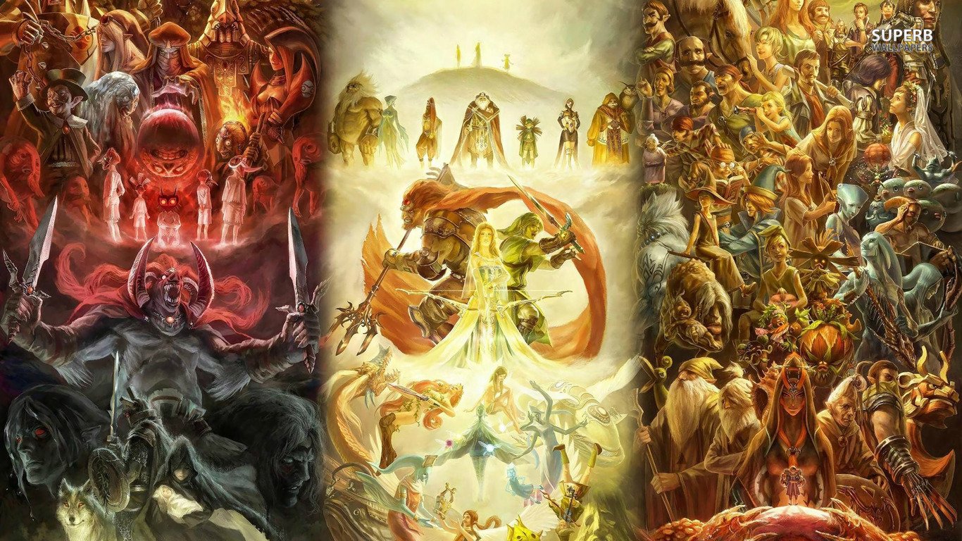 Artwork depicting Princess Zelda from The Legend of Zelda video game, featuring dramatic, mythical scenes with diverse characters and powerful, contrasting light and dark tones.