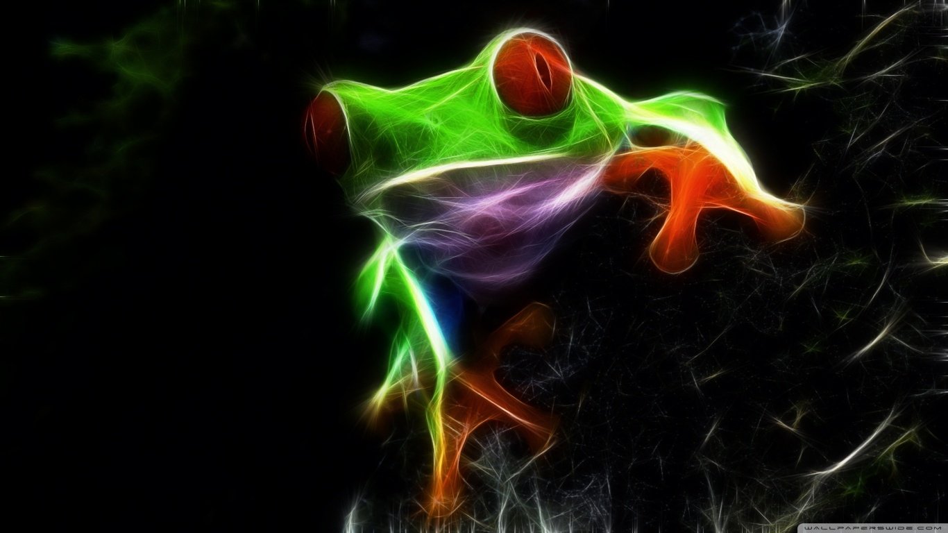 A vibrant red-eyed tree frog with glowing green skin and orange toes clings to a dark, textured surface in this striking artistic image.