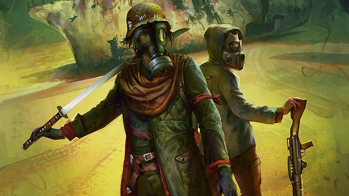 Two figures in dark clothing and gas masks stand back-to-back, one holding a glowing sword and the other gripping a rifle, set against a hazy, ominous background.