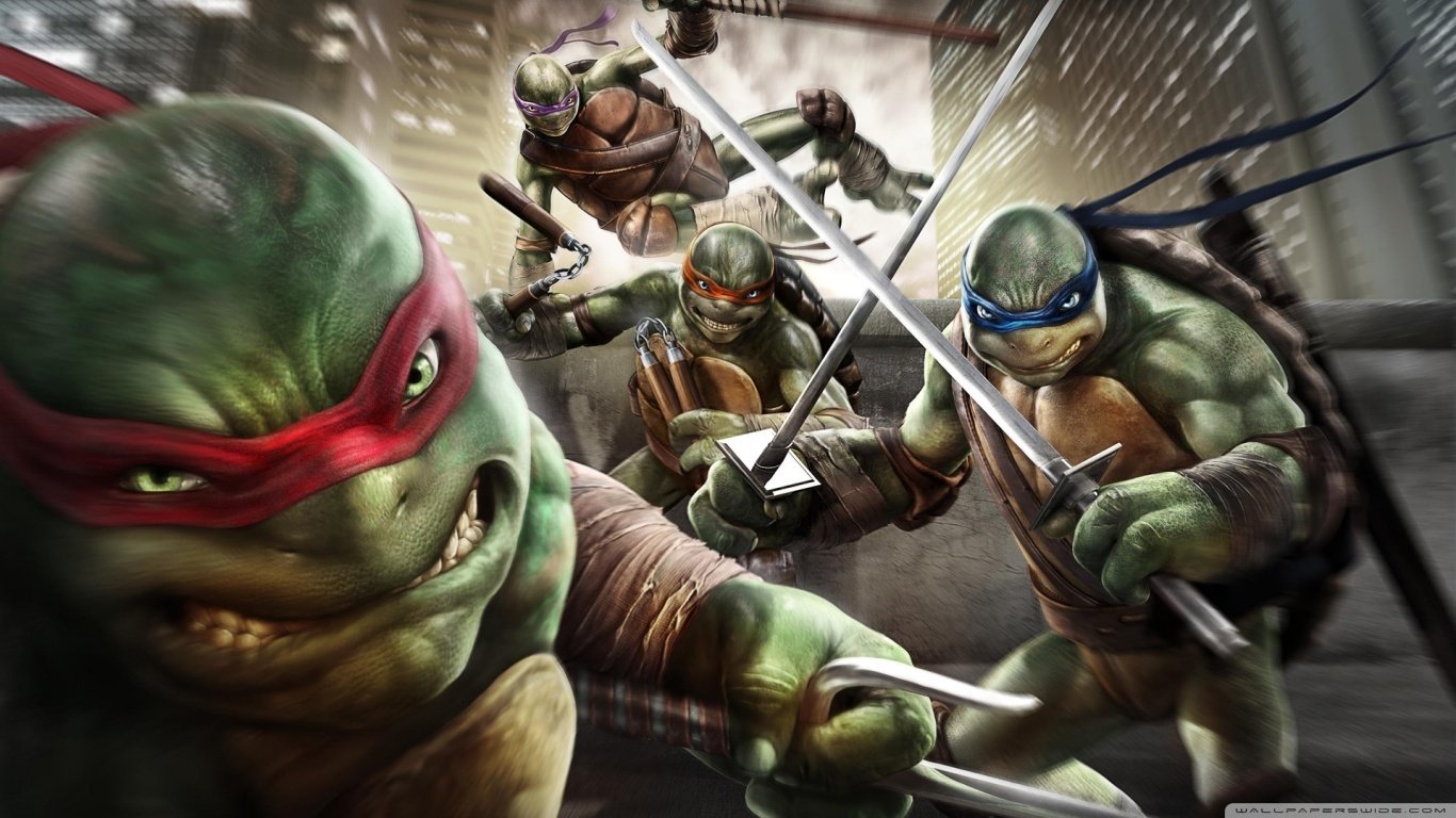 The Teenage Mutant Ninja Turtles rush forward in an action-packed scene from the video game Teenage Mutant Ninja Turtles: Out Of The Shadows.