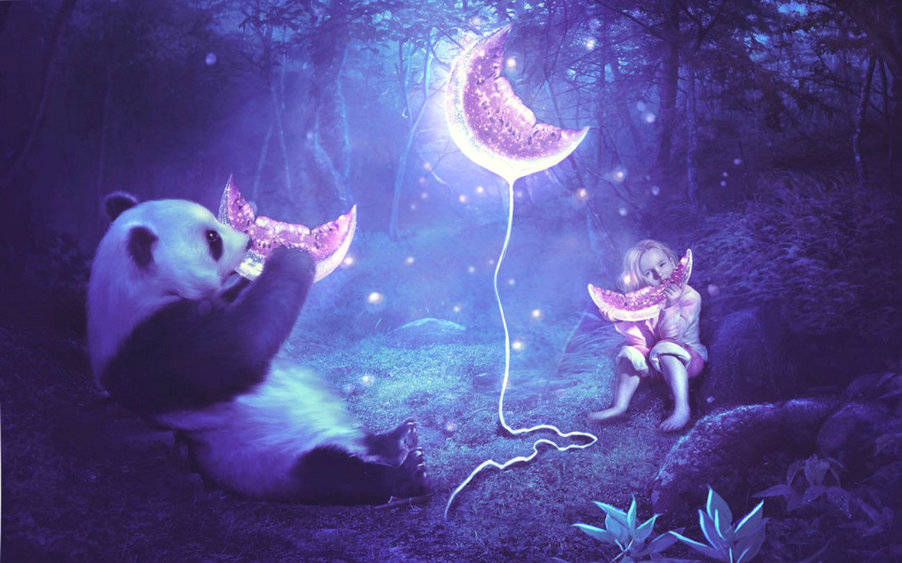 A whimsical fantasy landscape featuring a panda and a child, both playing with glowing crescent moons amidst a mystical, enchanted forest.