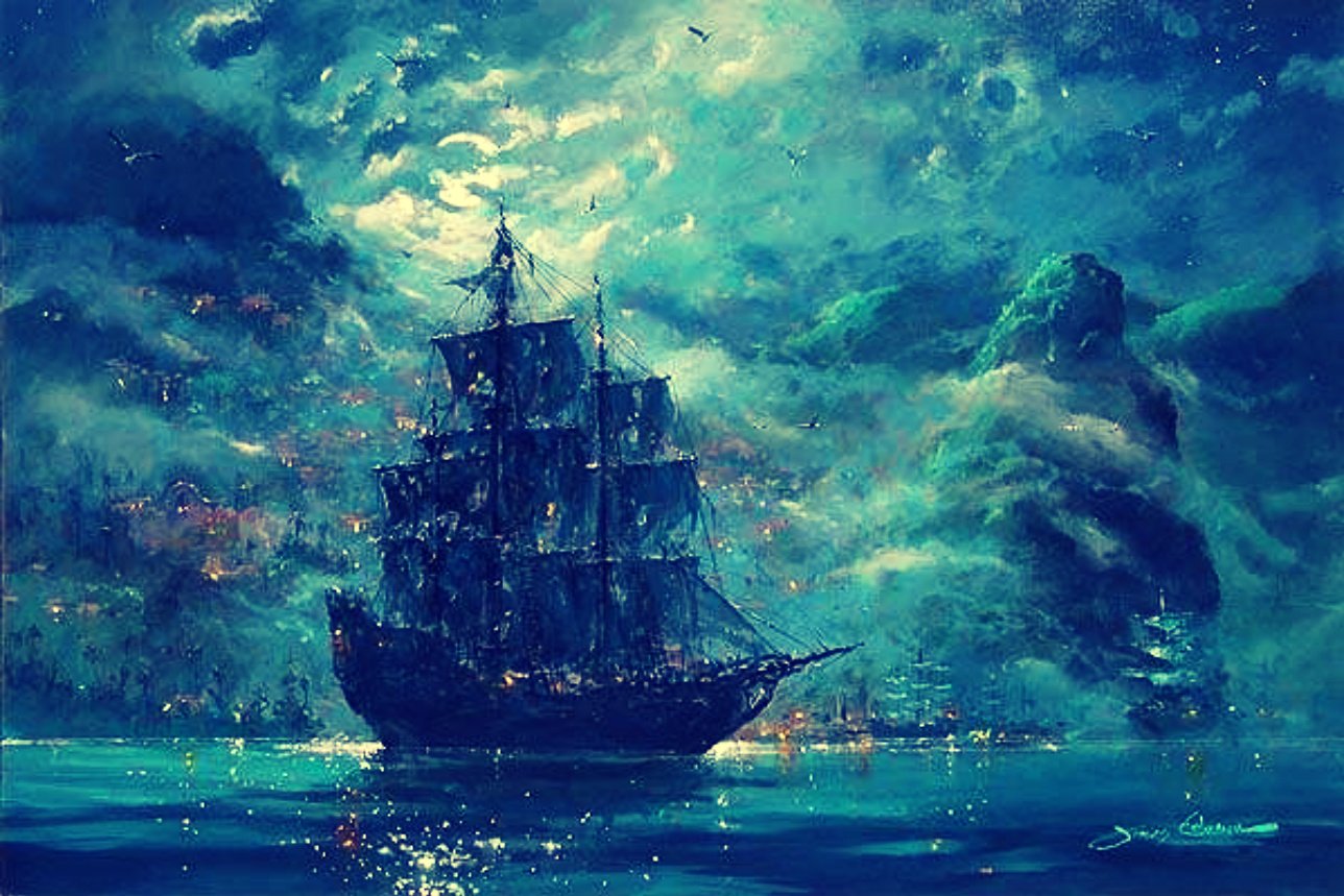 A majestic ship sails through a mystical sea, surrounded by vibrant blues and ethereal clouds, capturing the essence of fantasy and adventure.