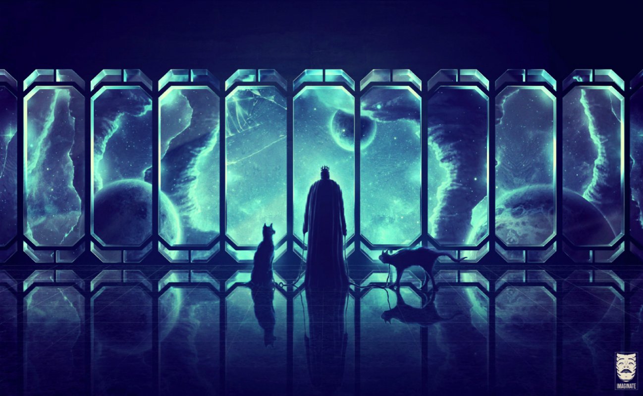 A sci-fi landscape showing a silhouetted figure and two animals standing before large glowing panels revealing a cosmic, starry sky.