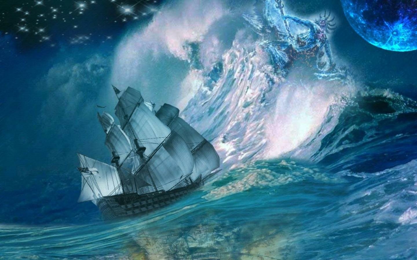A majestic ship sails through turbulent waters, as a powerful god emerges from a swirling wave beneath a starry sky and distant celestial body, embodying fantasy and myth.