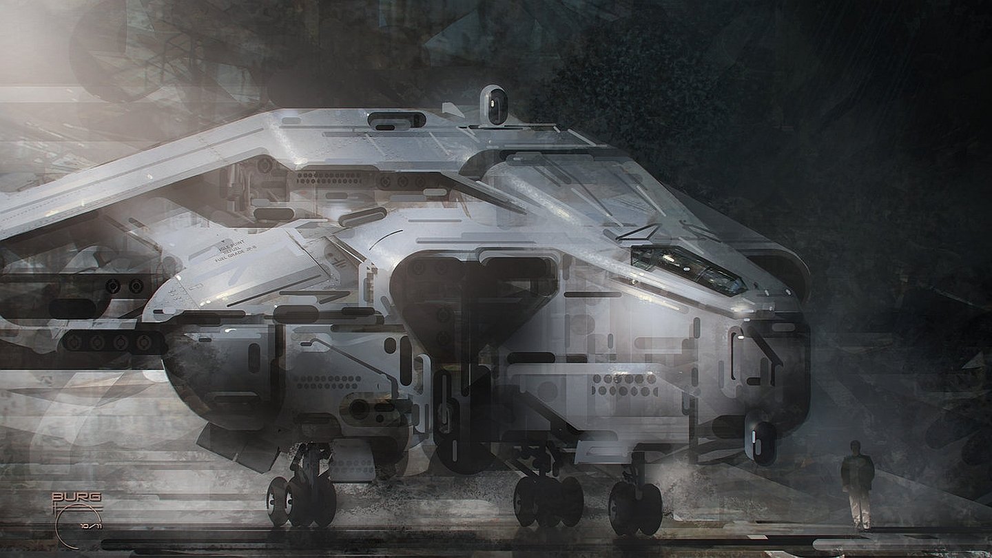 Sci-fi spaceship resting on a wet landing pad inside a dim industrial hangar, bulky armored hull with open ramp and tiny crew figures for scale amidst mist and scattered lights.