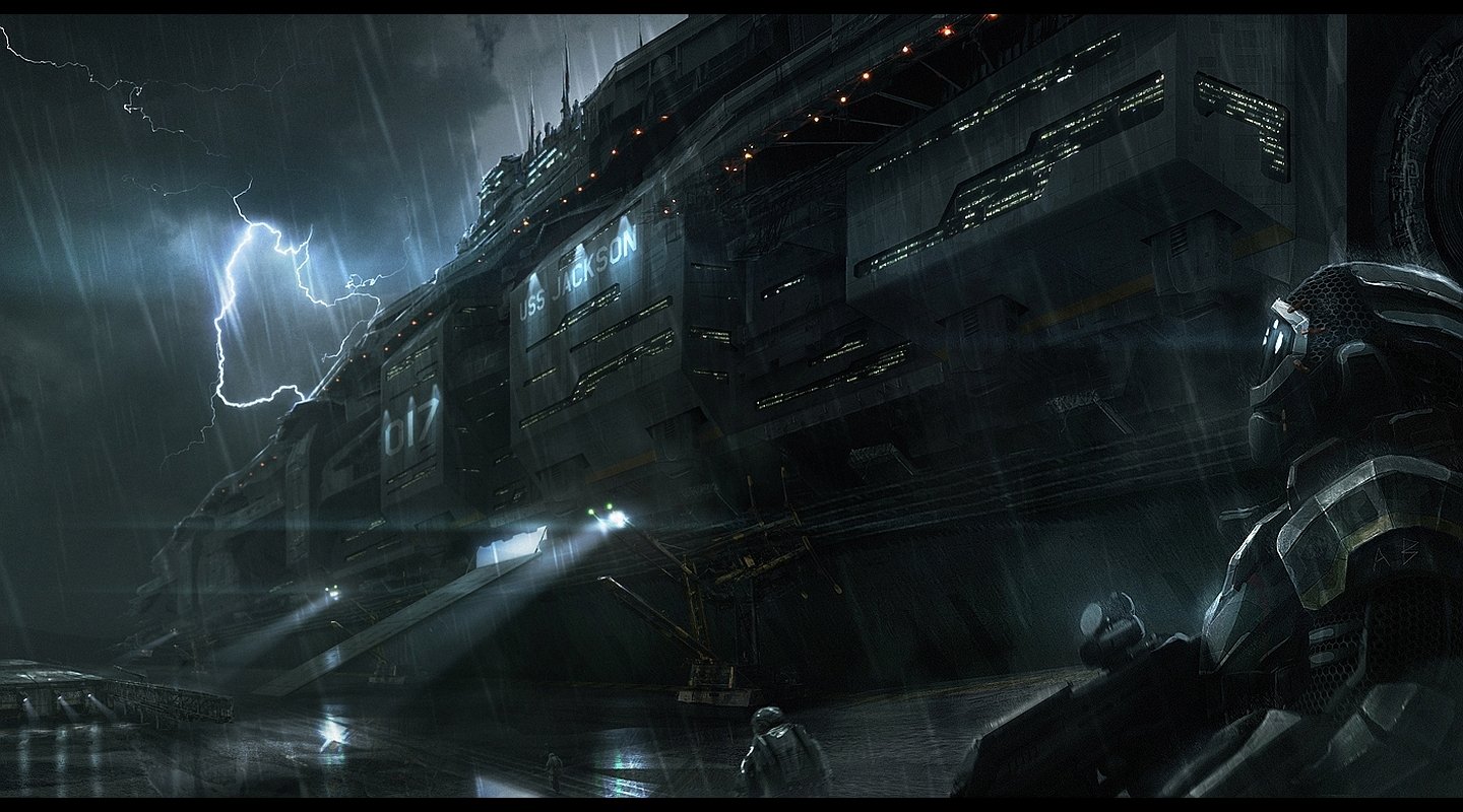 A large sci-fi spaceship docks in a dark, stormy environment with lightning illuminating the scene and a lone figure standing nearby.