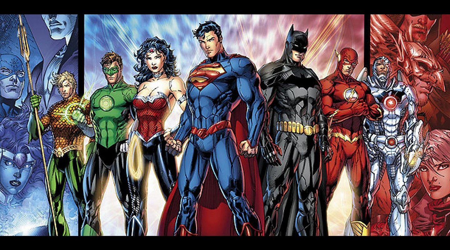A vibrant illustration of iconic DC Comics superheroes, including Superman, Batman, Wonder Woman, Aquaman, Flash, Green Lantern, Cyborg, Atom, and Hawkman standing united as the Justice League.