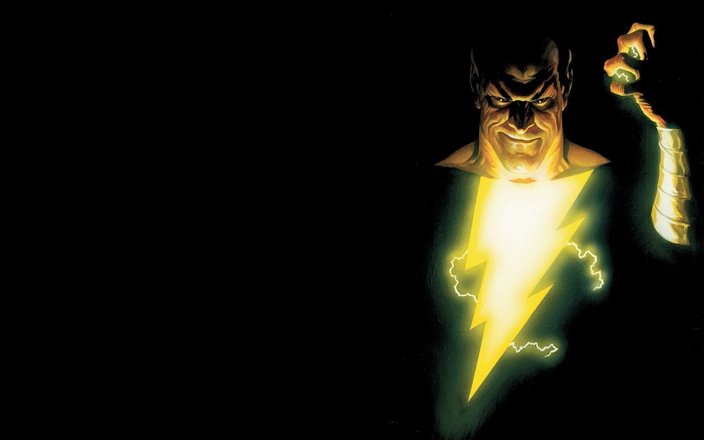 Black Adam from DC Comics, depicted in a dark setting with a glowing lightning bolt emblem on his chest and a powerful, intense expression.
